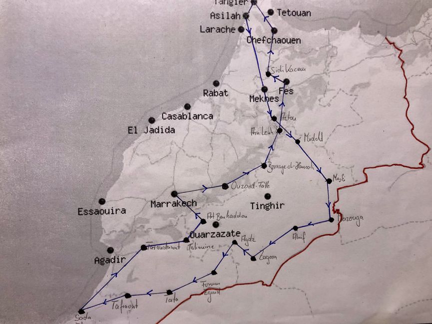 This will be the rough outline of our travel route through Morocco.