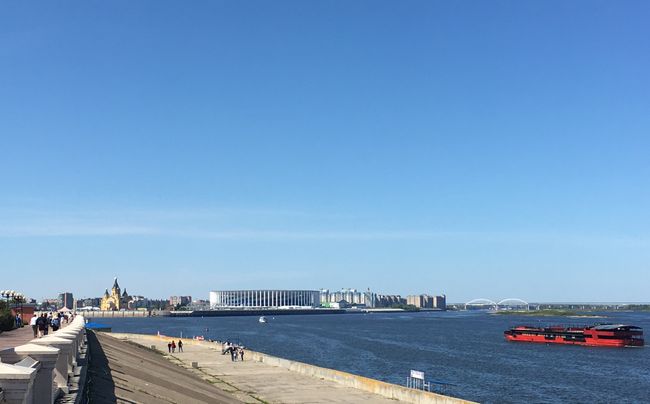 From the other side of the river: Nevsky Cathedral and the World Cup stadium.