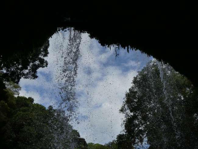 View up under the waterfall