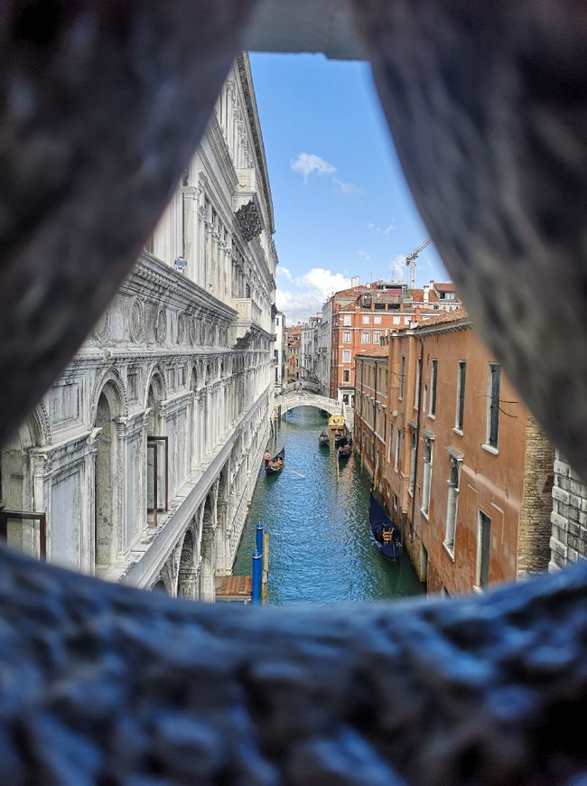 The view from the Bridge of Sighs into the canal. The magnificence of the buildings is hard to put into words.