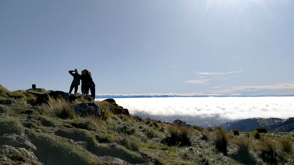 With Lea and Romane on the "Sugarloaf" lookout, all of Christchurch is shrouded in clouds