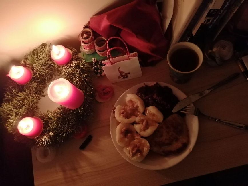 My festive meal (dumplings, red cabbage, and a vegetarian schnitzel)
