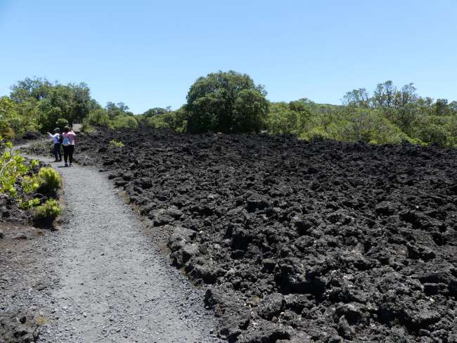 Path passing black volcanic rocks