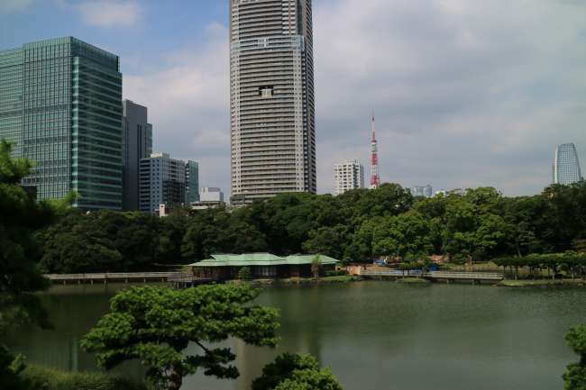 Hamarikyu Gardens: View of the tea house with the Skytree in the background