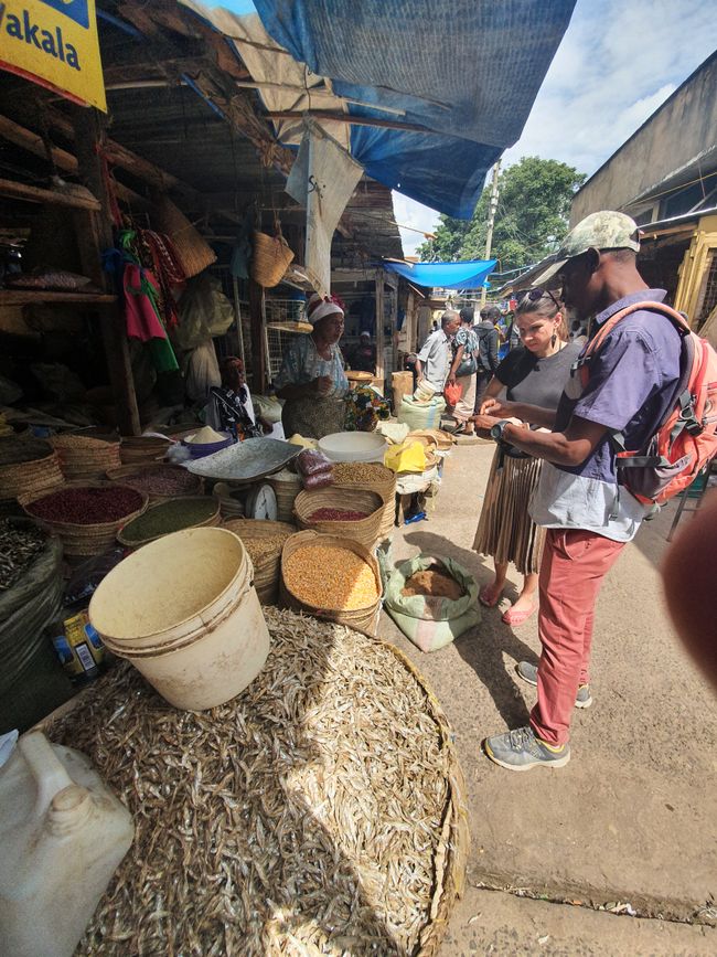 Emmanuel eats typical Tanzanian food - Ugali: cornmeal with vegetables
